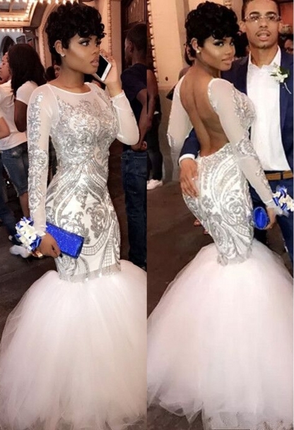 ROSEMARIE | Mermaid Long Sleeves Floor Length Sequined Patterns Tulle Prom Dresses-newarrivaldress