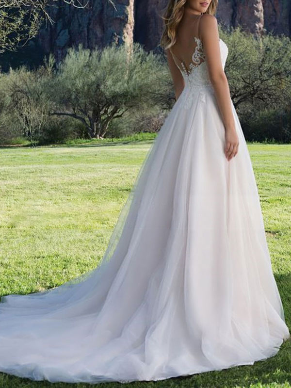 Wedding Dress A Line V Neck Sleeveless Lace Beach Party Bridal Gowns With Train-newarrivaldress