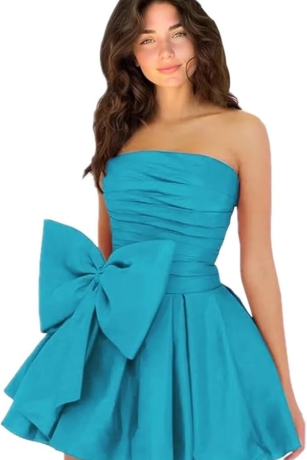 Simple Strapless Ruffle Satin Short Homecoming Dress Sleeveless Mini Party Dress with Bow-newarrivaldress