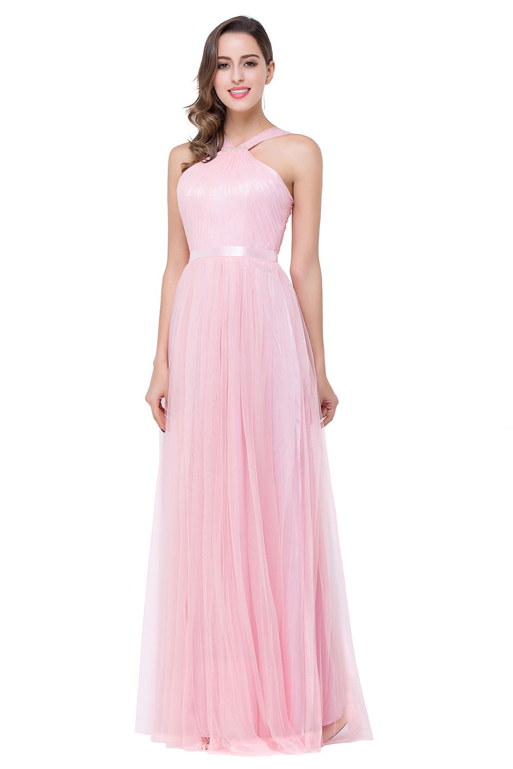 ELLIOTT | Sheath Floor-length Pink Tulle Bridesmaid Dresses with Ribbon Sash-newarrivaldress