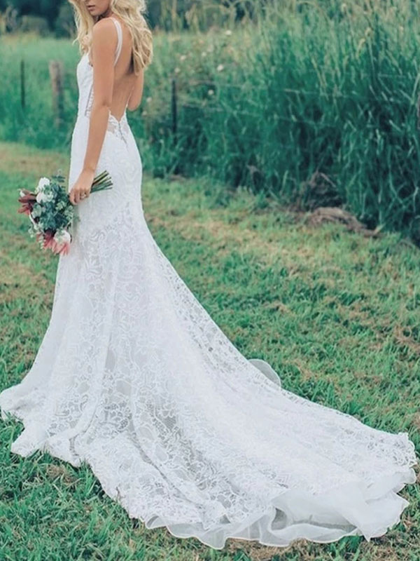 Boho Wedding Dresses Mermaid V Neck Sleeveless Lace Beach Bridal Dress With Train-newarrivaldress