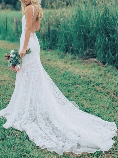 Boho Wedding Dresses Mermaid V Neck Sleeveless Lace Beach Bridal Dress With Train-newarrivaldress