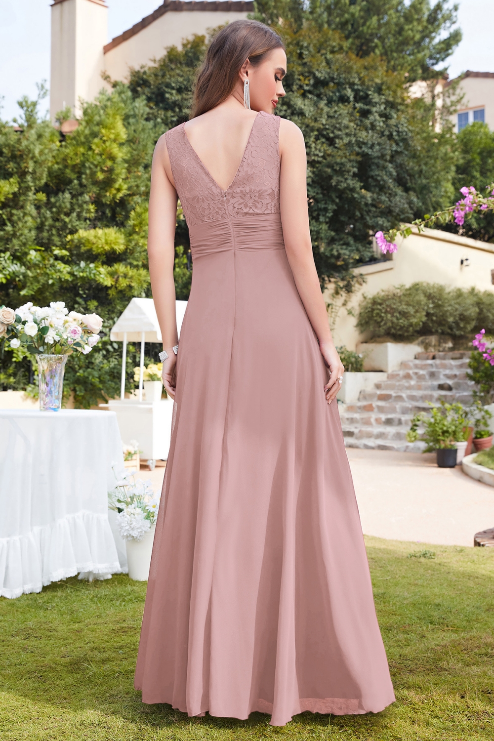 MACY | A-line Floor Length Lace Top Sleeveless Chiffon Bridesmaid Dresses-newarrivaldress