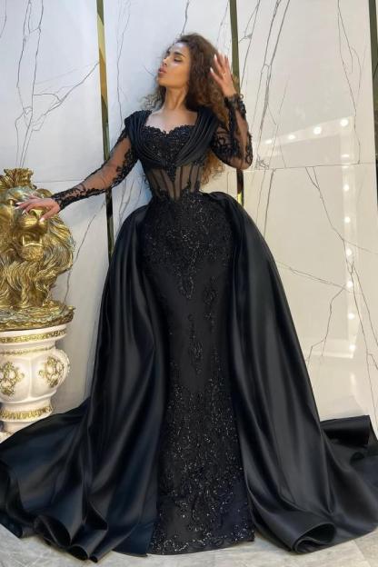 Luxury Black Mermaid Evening Gowns with Long Sleeves Appliques Long Prom Dress