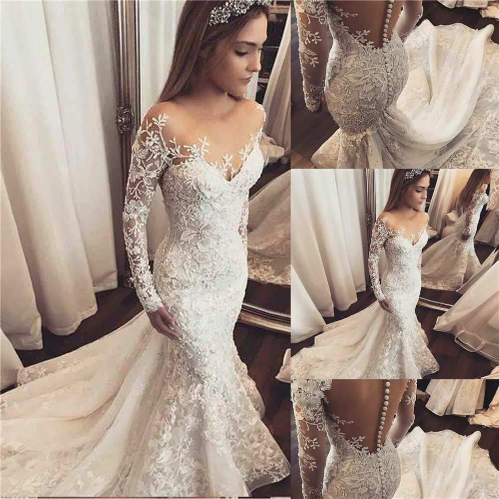 Gorgeous Beads Lace Appliques Off The Shoulder Wedding Dresses | Ruffles See Through Long Sleeve Bridal Gowns-newarrivaldress