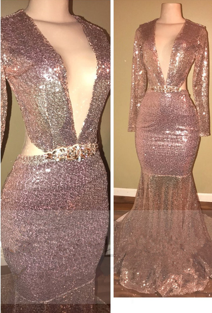 Open Back Mermaid Sequined Long Sleeve Evening Gowns | Gorgeous V-neck Prom Dresses-newarrivaldress