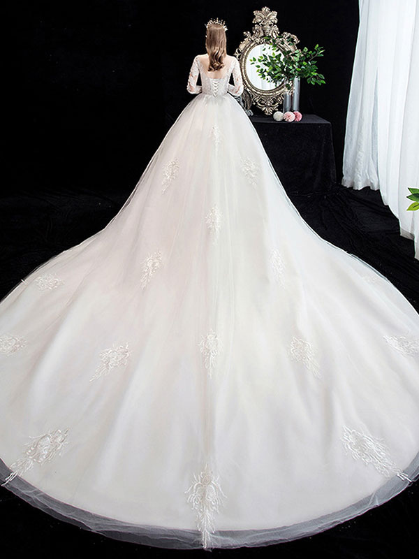 White Wedding Dress Ball Gown Cathedral Train Jewel Neck 3/4 Length Sleeves Natural Waist Applique Satin Fabric Bridal Dresses-newarrivaldress