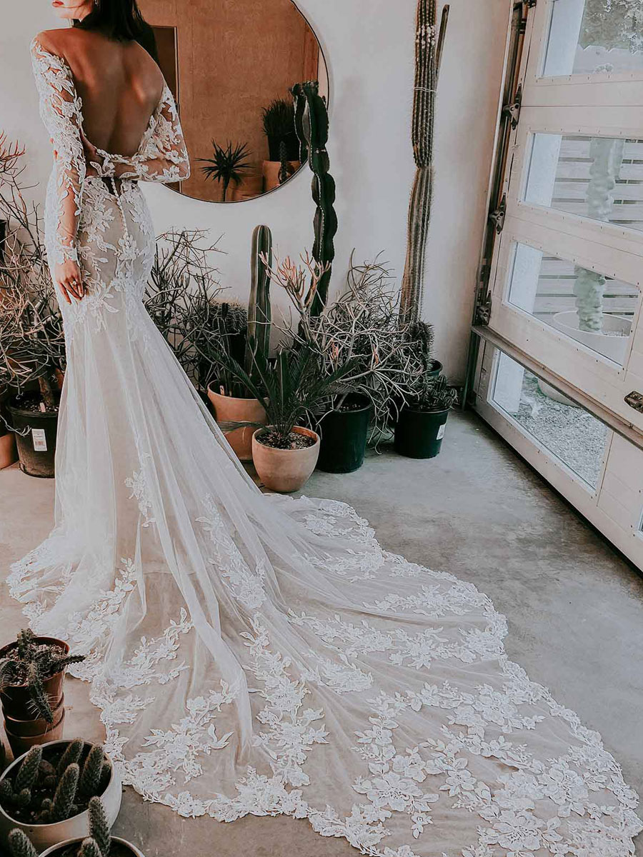 Eric White Wedding Dress Illusion Neckline Long Sleeves Backless Natural Waist Lace With Train Long Bridal Mermaid Dress-newarrivaldress