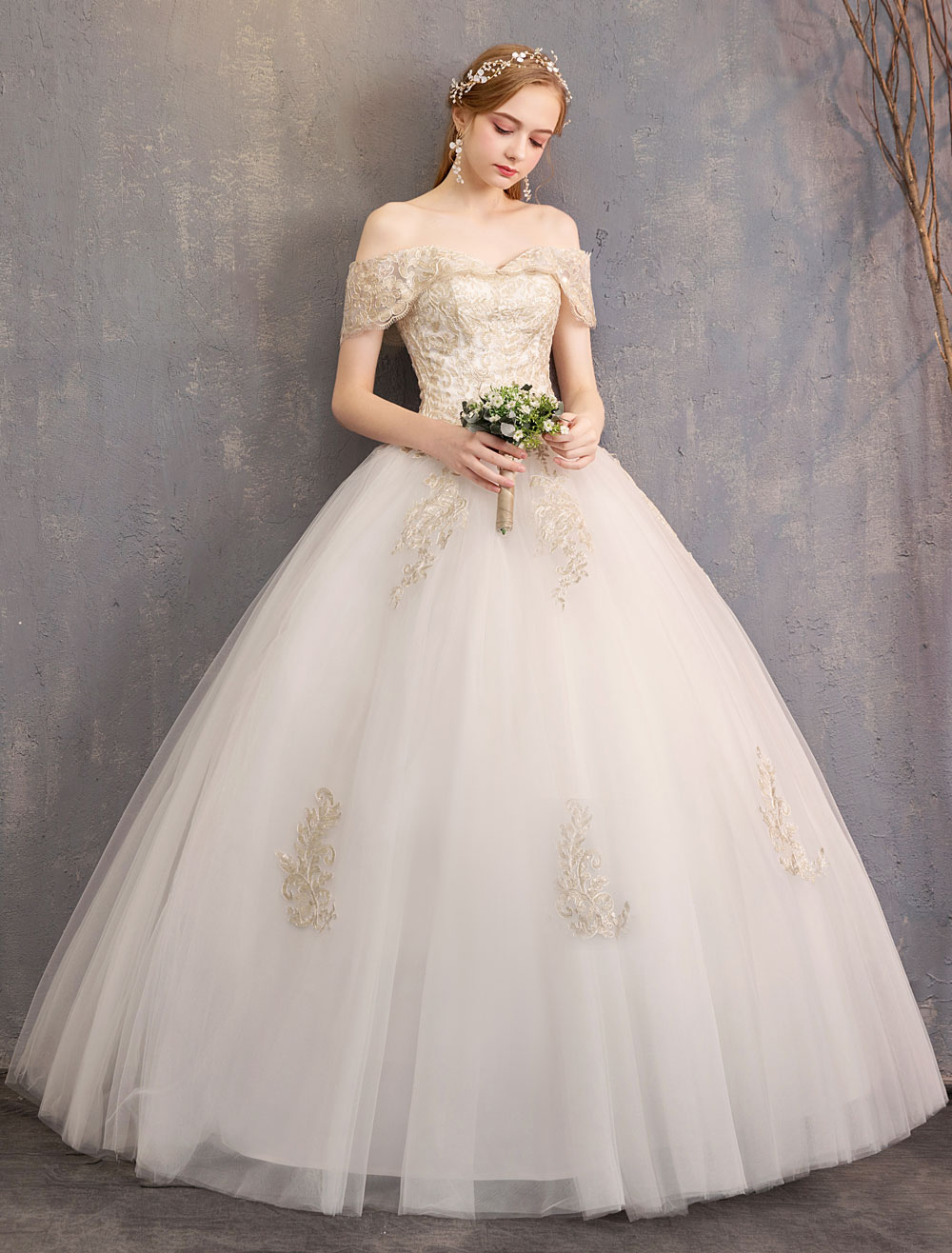 Princess Wedding Dress Ivory Lace Applique Off The Shoulder Short Sleeve Bridal Gown-newarrivaldress