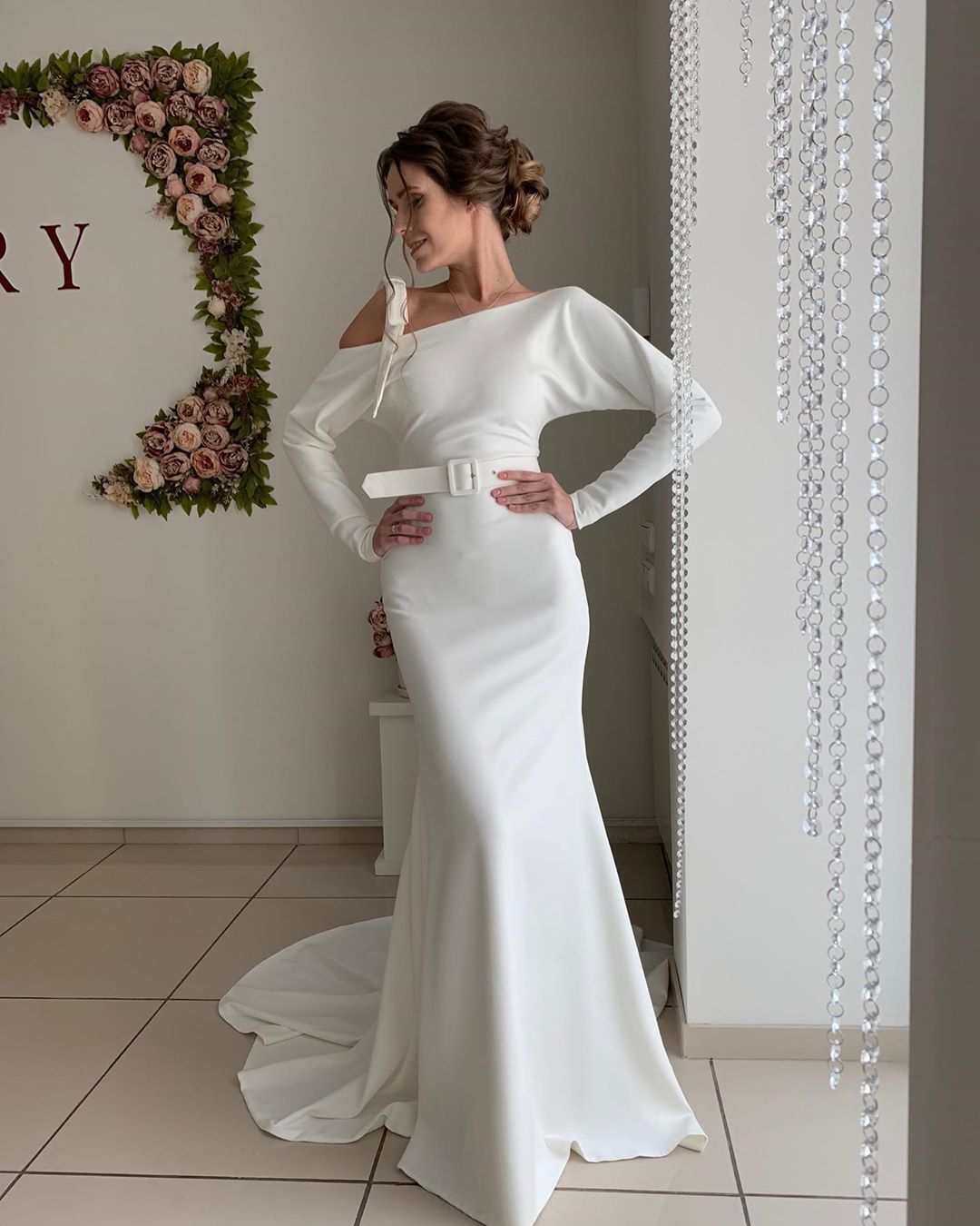 Long Sleeve Sash Belt Wedding Dresses | Sexy Backless Sheath Bridal Gowns Online-newarrivaldress