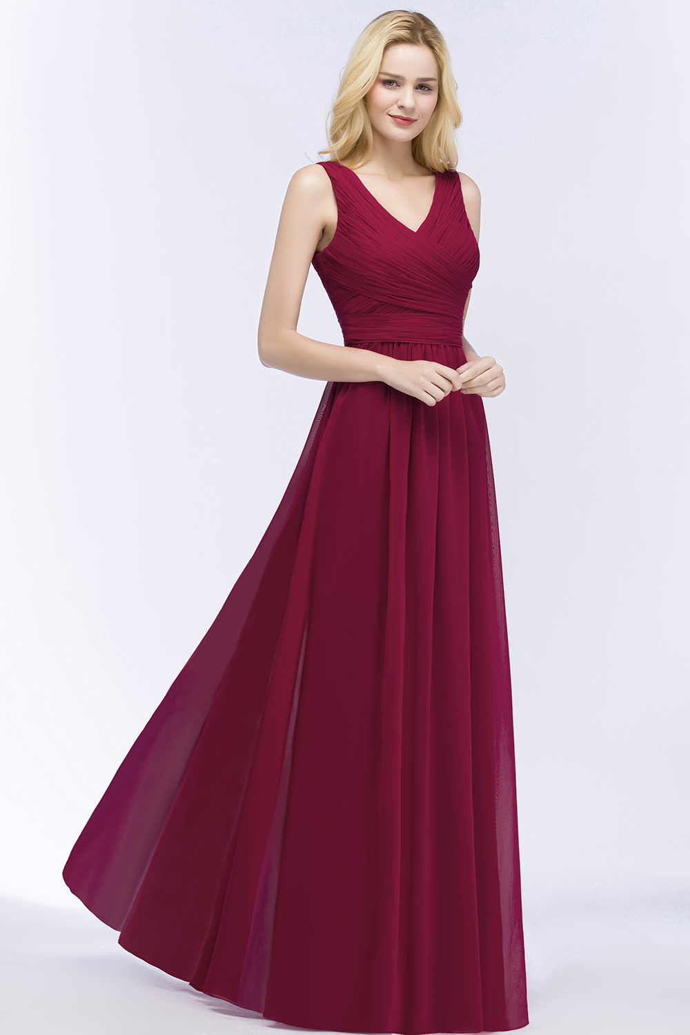 PATIENCE | A-line Floor Length V-neck Sleeveless Ruffled Chiffon Bridesmaid Dresses-newarrivaldress