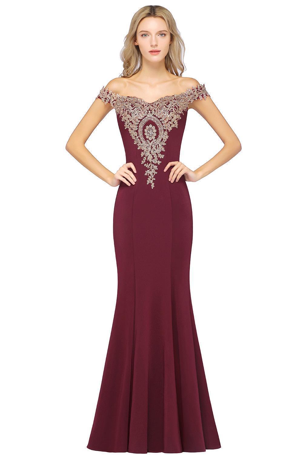 Off-the-shoulder Burgundy Evening Dress with Gold Lace Appliques Floor Length Formal Dress-newarrivaldress
