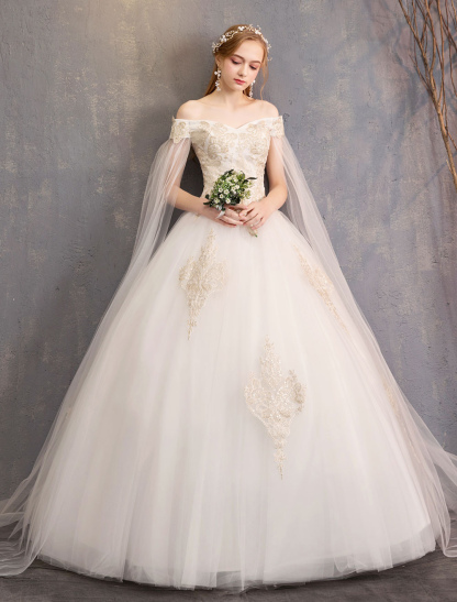 Wedding Dresses Tulle Off-The-Shoulder Short Sleeve Lace Applique Princess Bridal Gown