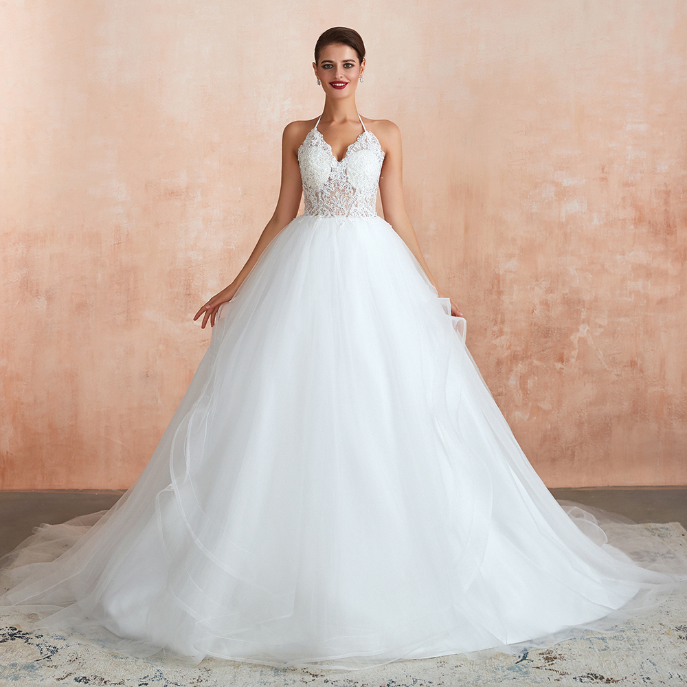 Amazing Halter Floral Lace Aline Wedding Dress Backless Tulle Bridal Gown-newarrivaldress