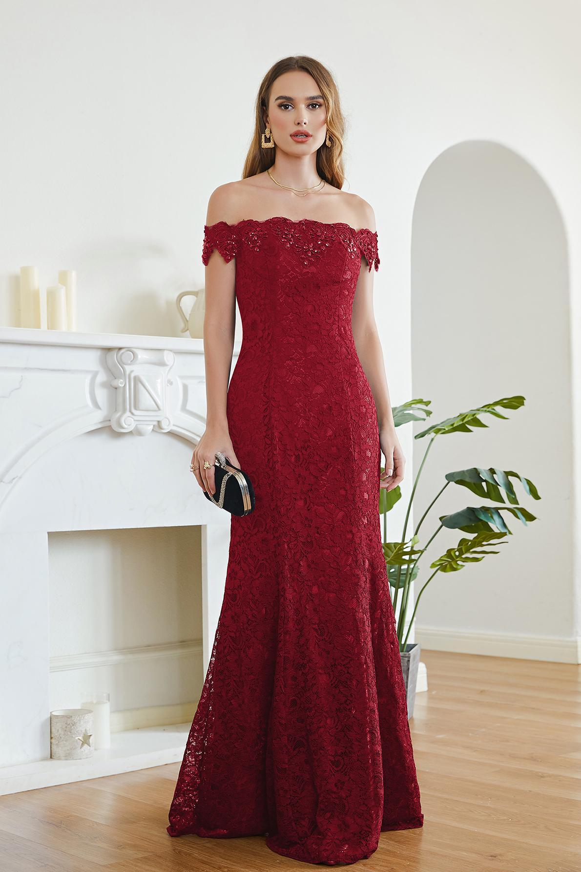 Crystal Beaded Red Mermaid Evening Dresses Off the Shoulder Prom Party Dress