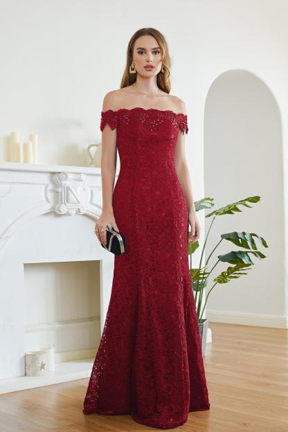Crystal Beaded Red Mermaid Evening Dresses Off the Shoulder Prom Party Dress