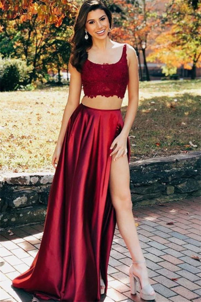 Burgundy Straps Side-Slit Sleeveless Two-Piece A-Line Prom Dresses-newarrivaldress