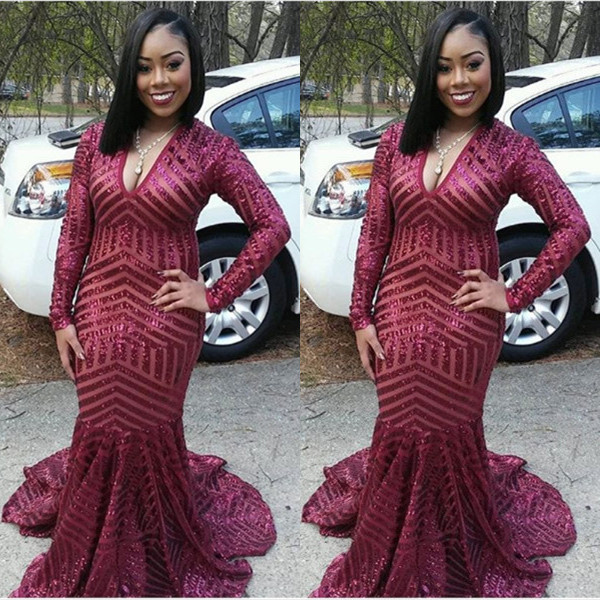 Sexy Sequinned V-neck Long Sleeve Mermaid Sweep Train Prom Dress | Plus Size Dress BA2642-newarrivaldress
