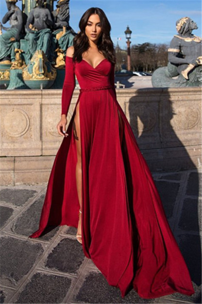 Charming Off-the-Shoulder V-Neck Long Sleeves Front Slipt Prom Dress-newarrivaldress