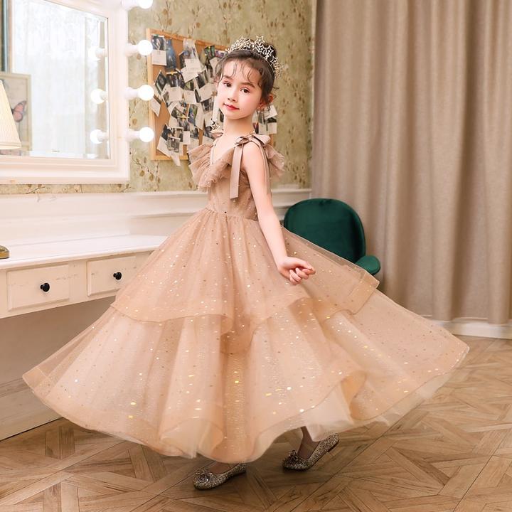 V-Neck Puffy Sleeves Tulle Two Layers Princess Dress for Little Girls-newarrivaldress