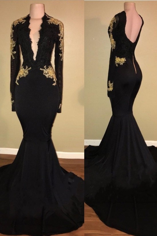 Sexy Black and Gold Prom Dresses | Deep V-Neck Long Sleeves Evening Gowns-newarrivaldress