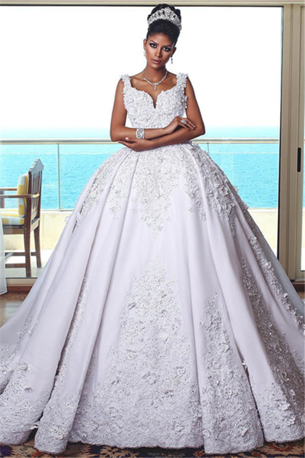 Glamorous Straps Lace Wedding Dresses | 2021 Sleeveless Puffy Ball Bridal Gowns-newarrivaldress