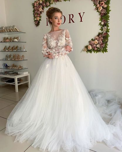 Sheer Tulle Elegant Appliques Wedding Dresses | Long Sleeve A-line Bridal Gowns Online-newarrivaldress