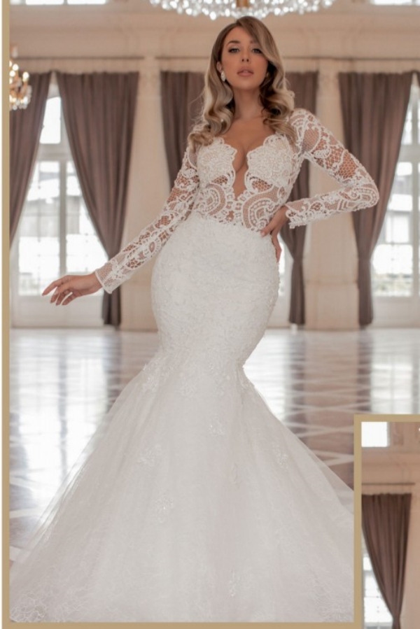 Stunning Long Sleeves Mermaid Bridal Gown Tulle Lace Appliques Wedding Dress-newarrivaldress