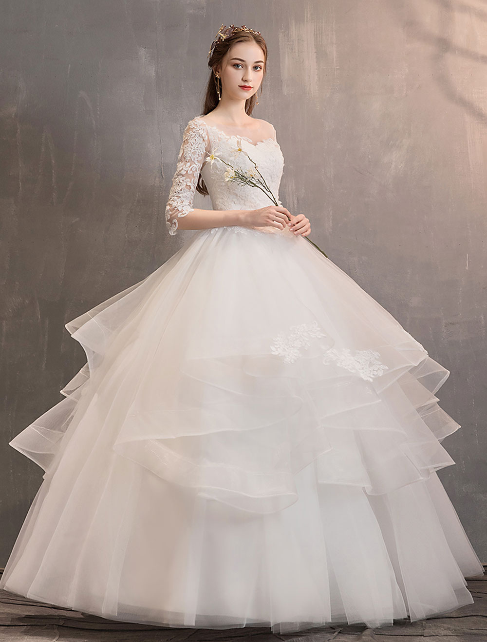 Ivory Wedding Dresses Tulle Illusion Neckline Half Sleeve Floor Length Princess Bridal Gown-newarrivaldress
