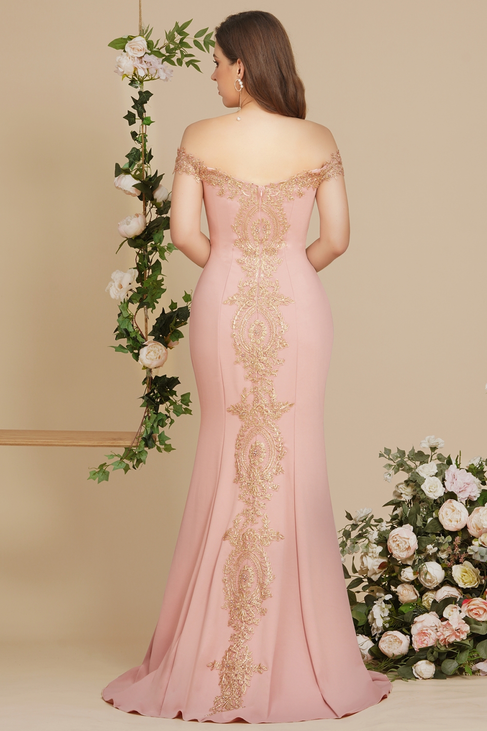 Off-the-shoulder Burgundy Evening Dress with Gold Lace Appliques Floor Length Formal Dress-newarrivaldress