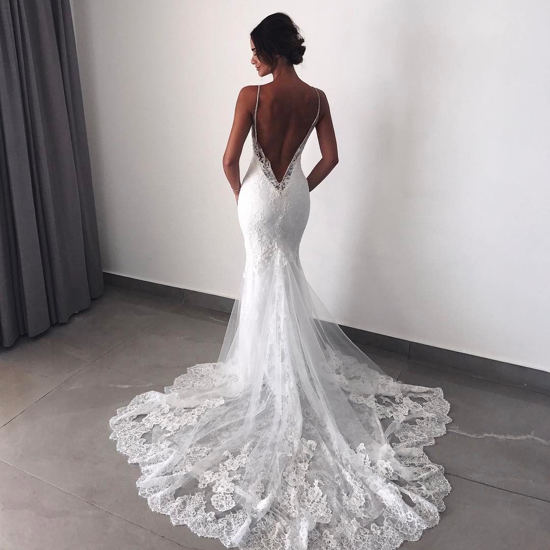Backless Wedding Dresses Lace Mermaid|Sexy Spaghetti Straps Bridal Gowns