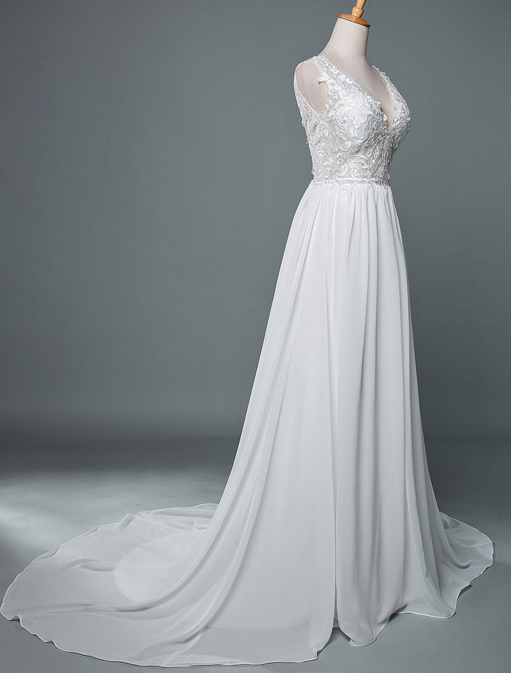 Wedding Dress V Neck Sleeveless Lace A Line Floor Length Chiffon Bridal Gowns With Train-newarrivaldress
