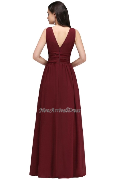 Ruched Chiffon A-line V-Neck Burgundy Evening Dresses