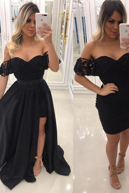 Chic Side-Slit Beaded Black Off-The-Shoulder Prom Dresses-newarrivaldress