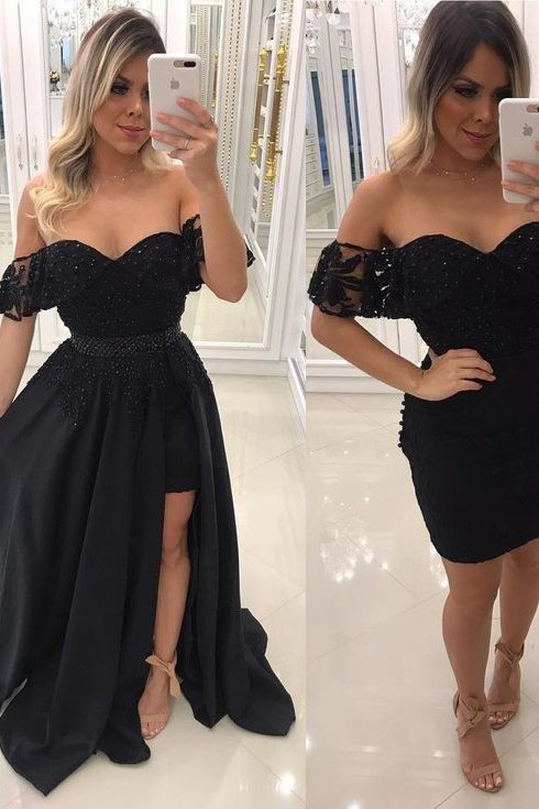 Chic Side-Slit Beaded Black Off-The-Shoulder Prom Dresses-newarrivaldress