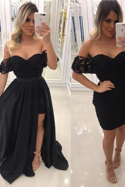Chic Side-Slit Beaded Black Off-The-Shoulder Prom Dresses-newarrivaldress