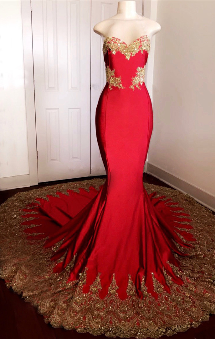 Strapless Red Prom Dresses with Gold Lace | Mermaid Formal Dresses with Court Train-newarrivaldress