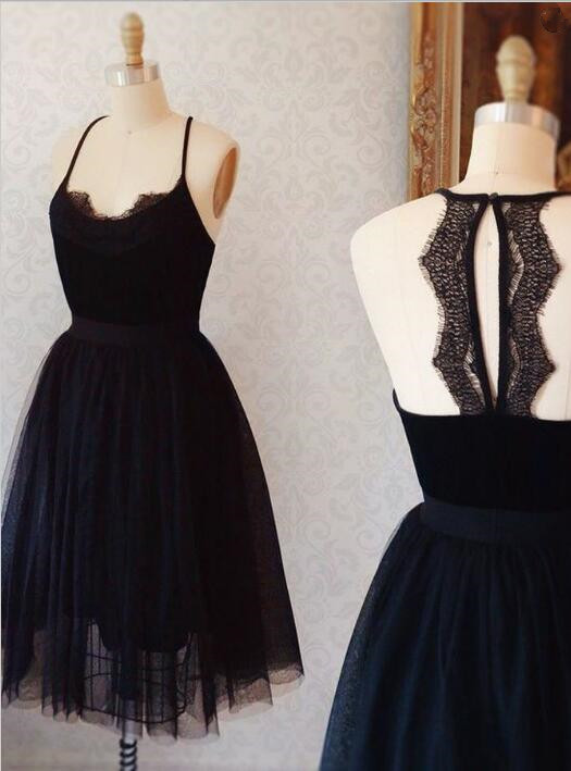 Black Lace Spaghetti Strap Custom Made A-line Sexy Short Homecoming Dresses-newarrivaldress