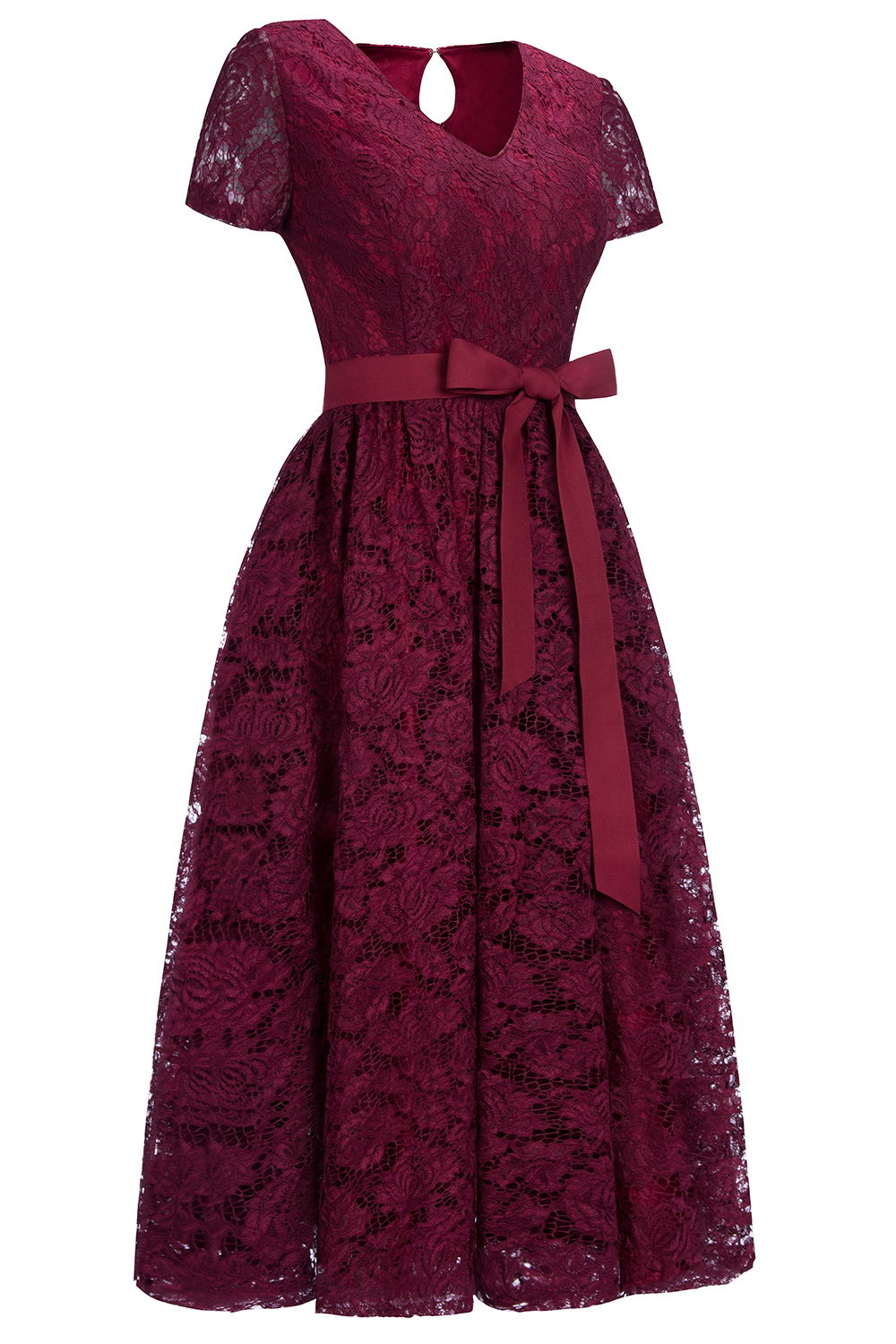Burgundy Short Sleeves Flower Lace V-neck Dresses with Sash-newarrivaldress