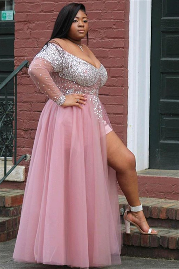 Pink Off-The-Shoulder Long-Sleevees Tulle Prom Dresses-newarrivaldress