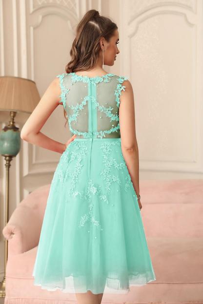 Tea-Length A-line Lace Appliques Beaded Party Dresses Sleeveless Short Homecoming Dresses-newarrivaldress