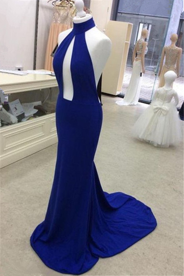 High Neck Open Back Long Prom Dresses Deep Neck Royal Blue Court Train Evening Gowns-newarrivaldress