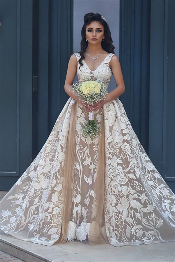white christmas dresses BABARONI Tulle Lace Champagne Wedding Dresses Sheath Off-the-shoulder  Appliqued Sweep Train Backless main image 0