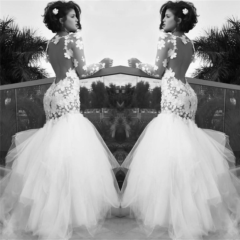 Retro Mermaid White Wedding Dresses with Sleeves | Backless Long Sleeve Tulle Bridal Gowns-newarrivaldress