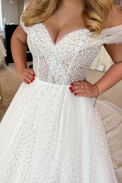 Off-the-Shoulder White Pearls Aline Wedding Dress Sweetheart Bridal Dress-newarrivaldress