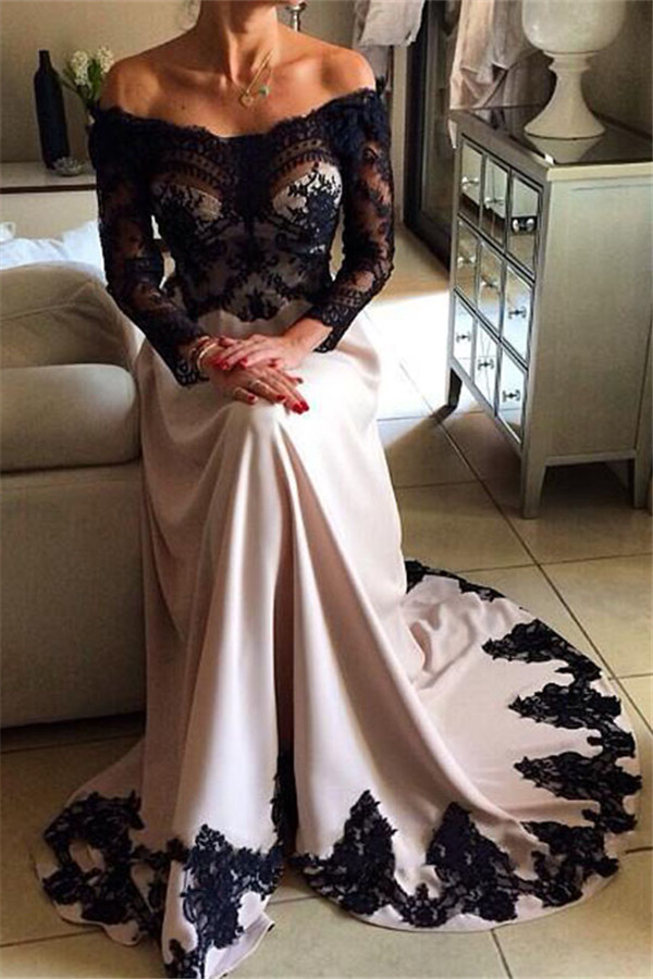 Charming Off-the-Shoulder Appliques Long Sleeves A-Line Prom Dress-newarrivaldress