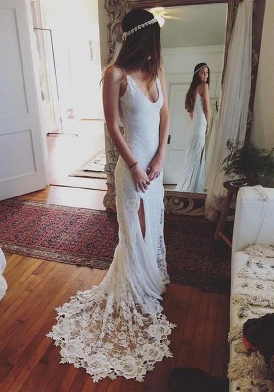 Sleeveless Gorgeous V-Neck Split Beach Wedding Dress-newarrivaldress