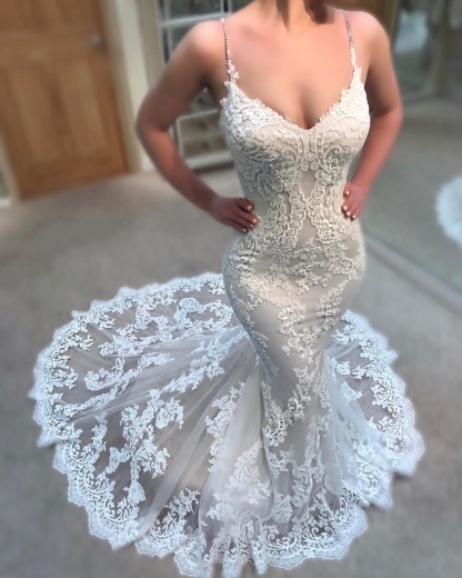Sexy Lace Appliques Wedding Dresses Online | Spaghettis Straps Mermaid Bridal Gowns-newarrivaldress
