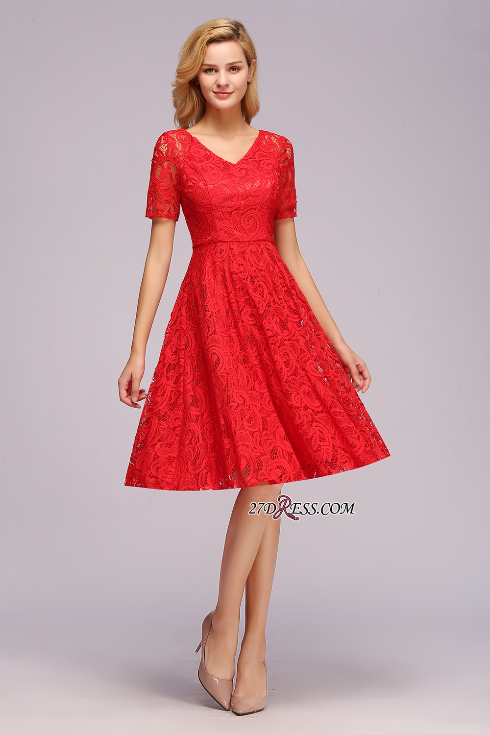 Elegant V-neck Short Sleeves Lace Dresses with Bow Sash-newarrivaldress
