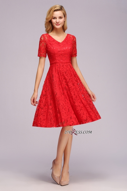 Elegant V-neck Short Sleeves Lace Dresses with Bow Sash-newarrivaldress